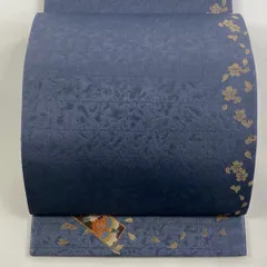 【美品】 袋帯 秀品 ワンポイント柄 桜 花びら 金糸 青灰色 六通 正絹 【中古】