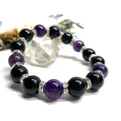 モリオン&アメジスト　パワーストーン　ブレスレット　天然石ブレス (シルバー)　12mm　幸運　開運 厄払い メンズ　男性 [24]