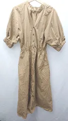◇ ⊂ mystic ノーカラー フロントボタン シャツ風 半袖 ロング ワンピース サイズフリー ベージュ レディース E  【1503310014952】