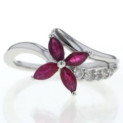 K18WG ホワイトゴールド リング ルビー 0.70ct ダイヤモンド 0.10ct フラワー 花 ウェーブ 12号 指輪【新品仕上済】【zz】【中古】