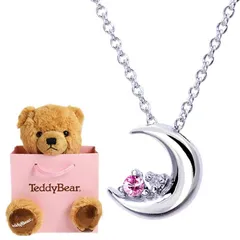 [シアーズ] ネックレス レディース 7月 誕生石 ルビー 天然ダイヤモンド クレセントムーン シルバー ブラウン ピンク ホワイト テディベア ぬいぐるみ e-1625-tdt-01
