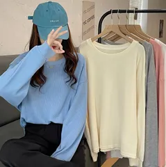 ワッフルプルオーバー トップス プルオーバー カットソー スウェット トレーナー 体型カバー 春 楽ちん カジュアル シンプル レディースxiaohuaidan02