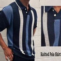ザックリ編み シャツ レトロ ポロシャツ polo サマーニット ロカビリー スタイル アメリカン クラシック シャツ カジュアル オールディーズ 50s 60s 縦ストライブ ボーダー モッズ 半袖 ゴルフ メンズ 夏