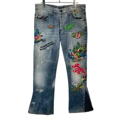 エネルギーEnergieフレアデニムパンツブーツカットデニムパンツウォッシュドデニムボタンフライ刺繍アロハリゾート花柄ハイビスカスフェアリーグランジ青ブルースリット切り替えy2kレトログランパコアvintageヴィンテージ50905