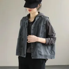 即購入OK デニムジャケット デニムジレ デニム ジレ ベスト レディース 大きいサイズ デニムアウター ノーカラー ノースリーブ 薄手 羽織り 春 夏 秋 カジュアル お洒落 zhangban126