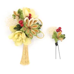 髪飾り ２点セット 黄緑 成人式 花 つまみ細工 ちりめん 縮緬 和風 浴衣 着物 振袖 袴 七五三 キッズ 結婚式 卒業式 入学式 髪留め 日本製 クリスマス 誕生日 送料無料 ヘアアクセサリー グリーン W 85 324-285 u893　Si