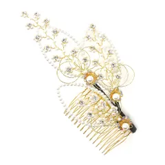 髪飾り コーム型 水引 ラインストーン パール ゴールド 白 キラキラ リーフ 葉 丸 円 サークル 小さい かんざし かわいい 粋 No.9-3501