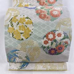 袋帯 美品 名品 紹巴唐織 花丸文 金糸 唐織 薄緑 六通 正絹 【中古】