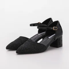 チャンキーヒールパンプス レディース 黒 5cmヒール グリッター アンクルストラップ ポインテッドトゥ 安定感 結婚式 冠婚葬祭 オケージョン 3419