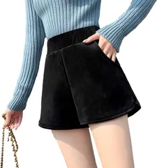 SLOW＆MELLOW ショートパンツ ベロア ハイウエスト ゴム レディース 短パン 韓国風 ファッション 足長 美脚( ブラック,  L)