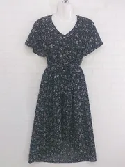 ◇ earth music&ecology 花柄 フレンチスリーブ 膝下丈 ワンピース サイズF ブラック ピンク イエロー レディース P  【中古】 【1209210002685】