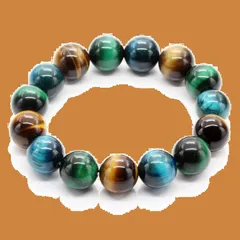 【数量限定】[石輝] ミックスタイガーアイ 14mm ブレスレット イエロー ライトブルー グリーン 天然石 パワーストーン 数珠 メンズ [b587]