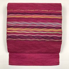 リユース帯 名古屋帯 赤紫 カジュアル 織り 変わり横縞 未洗い MS1355