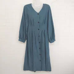 ◇ w closet ダブルクローゼット Vネック フロントボタン 長袖 膝下丈 ワンピース サイズF ブルーグリーン系 レディース E  【1304050004285】