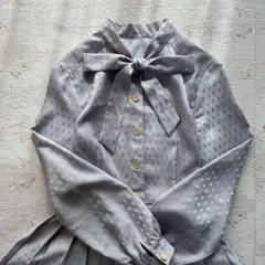 昭和レトロ光沢デザイン長袖ロングワンピースリボン襟グレー11号f1