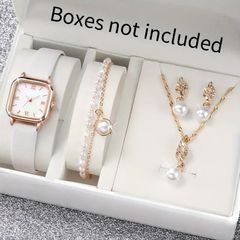 5pcs/set女性のカジュアルファッションクォーツウォッチアナログPUレザーリストウォッチ＆フェイクパールジュエリーセット ママ彼女へのギフト