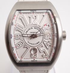 美品 FRANCK MULLER(フランクミュラー) ヴァンガードデイト V45SCDTACBRBC ホワイト SS/革 AT 自動巻き 箱付き 白 レザー メンズ 腕時計