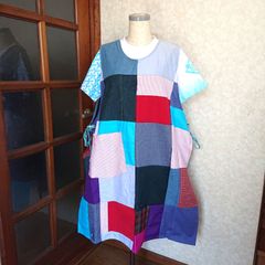 134★USEDデニムシャツリメイク エプロンドレス S～Lサイズ パッチワーク ジーパンリメイク パッチワーク★