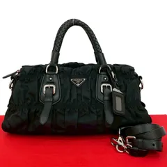 極 美品 PRADA プラダ 三角ロゴ 金具 ギャザー ナイロン レザー 本革 2way ハンドバッグ ミニ ボストンバッグ ショルダーバッグ 黒 99695