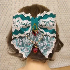 Fairy Mead◆白雪姫の毒林檎リボンバレッタ◆エメラルドグリーン◆ロリィタ レース　薔薇 鏡 りんご リンゴ 魔法の鏡 緑 白　魔女