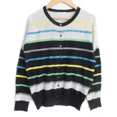 シンプルライフ SIMPLE LIFE ニットカーディガン ミドル丈 マルチボーダー柄 L 杢グレー 紺 ネイビー /FF38