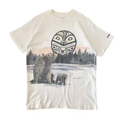 M 80s 90s 古着 Sue Coleman アート Tシャツ カナダ先住民 インディアン ネイティブ アニマル 熊 シングルステッチ ホワイト 生成り