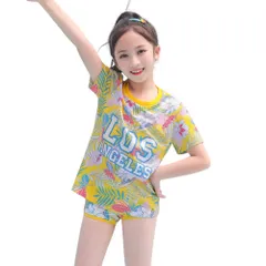 ☆ イエローフラワー ☆ 2XL(120-130cm) ☆ 子供水着 女の子 上下セット かわいい キッズ 水着 女の子 上下セット セパレート ショートパンツ スイムウェア キッズ水着 トップス ショーツ みずぎ 子供水着 体形カバー ロングT