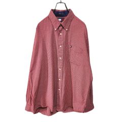 90s TOMMY HILFIGER トミーヒルフィガー 赤白 チェックシャツ メンズ XLサイズ 長袖ボタンダウン 刺繍ロゴ