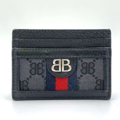 BALENCIAGA バレンシアガ×グッチ コラボ レザー×キャンバス ネイビー×ブラック×レッド カードケース シルバー 680386・1000