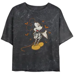 【送料無料】 ディズニー レディース Tシャツ トップス Disney's Mickey Mouse Skeleton And Bats Juniors' Cropped Graphic Tee Black