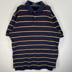 古着 90's/90年代 ポロバイラルフローレン Polo by Ralph Lauren 鹿の子 半袖 ポロシャツ ボーダー ロゴ 刺繍 大きいサイズ XXL  ネイビー系 マルチカラー メンズ
