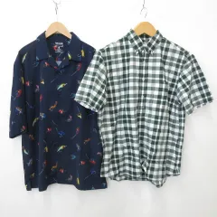 ユニクロ UNIQLO ジーユー GU シャツ 2枚セット 半袖 カジュアル ボタンダウン オープンカラー シングル 綿 チェック柄 総柄 緑 白 紺 グリーン ホワイト ネイビー L