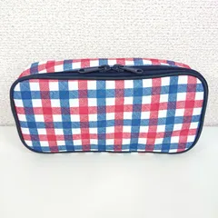 ペンケース ふで箱 筆箱 筆入れ 大容量 ペンポーチ 軽い 2段 ペンホルダー ダブルファスナー ギンガムチェック 赤 青 トリコロールネイビー 7148NV_o