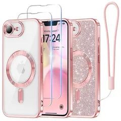 Meifigno ケース iPhone 16e用 [MagSafe対応] [HDフィルム 2枚] [グリッターカード&リストストラップ] サラウンドレンズ保護 iPhone 16eケース用 ローズゴールド 1
