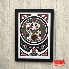 尾九 開運イラスト 招き猫 招福 A4サイズ フレーム付き