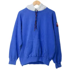 ポロ バイ ラルフローレン Polo by Ralph Lauren 90s ヴィンテージ パーカー ナイガイ期 後付けフード プルオーバー 裏起毛 長袖 ワッペン サイドジップ M ブルー グレー IBO59 X