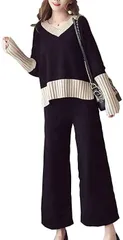 AIR BY(エアバイ) Vネック ニット ワイドパンツ セットアップ 2点 バイカラー 大 トップス 上下セット 黒 A058-BKL( ブラック,  L)
