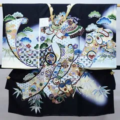 お宮参り 産着 のしめ 男児 男の子 正絹 着物 綸子地 豪華絢爛 金刺繍 兜 龍 黒地 祝着 NO37174