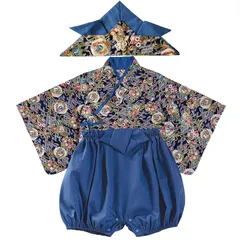 【新品】 [SLINX] ベビー服 袴 ロンパース 着物 和装 女の子 男の子 フォーマル 赤ちゃん お宮参り 百日祝 初節句 和服ロンパース カバーオール 出産祝い ベビー袴 HF025 (兜セットネイビー, 70) 1