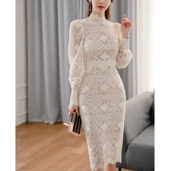 タイトドレス 長袖 ハイネック オールレース シアー 韓国 SALE【0914】