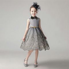 子供 ドレス ピアノ 発表会 結婚式 演奏会 花柄 プリンセスドレス 可愛い 子供ドレス ノースリーブ ワンピース 袖なし 女の子 キッズ用 フォーマルドレス パーティードレス ステージ衣装 子供服 襟有り 上品 110cm グレー 灰色 da024g5