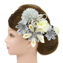 髪飾り 成人式 つまみ細工 振袖 前撮り 袴 花 2点セット 白 シルバー グレー 灰色 ちりめん 剣つまみ 組紐 かんざし 日本製 お No.9-4964