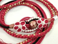 平和屋着物●和装小物　振袖用帯締め　つまみ細工　飾り玉　パール　花　本紅色　金糸　撚り房　逸品　未使用　CAAW4127ju