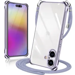 【人気】iPhone 16 用 ケース クリア ショルダー 耐衝撃 アイフォン16 用 スマホケース 透明 薄型 軽量 カバー 首かけ 肩掛け 縄掛けケース ストラップ付き 縦/横 2WAY 取り外し可能 長さ調整可能 ワイヤレス充電対応（パープル）
