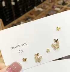 【5点セット】 バタフライ クリスタルピアス ゴールド レディース 韓国
