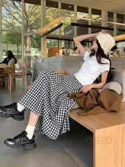 スカート レディース フレアスカート ボトムス チェック柄 フレア レディース ロングスカート ロング  膝 ウエストゴム ゆったり qingy107
