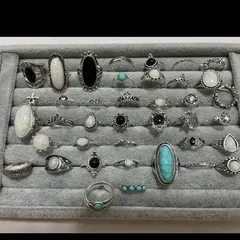 ターコイズ系　指輪　リング　ブラック　ホワイト　カラーストーン　アクセサリー　まとめ　セット　大量　美品