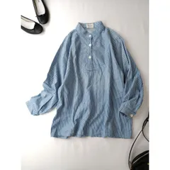 ◯natiam ナティム コットン 綿 100％ フィッシャーマン シャツ 長袖 ブルー 青 ストライプ バンドカラー(106K+5403)25H
