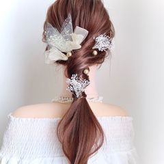 かすみ草 チュールリボン ベージュ ゴールド ヘアピンセット お呼ばれ ブライダル 浴衣 ヘアアクセサリー 髪飾り