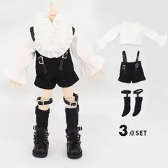 オビツ11 ドール服 3点セット トップス ボトムス ob11 撮影小物 ぬい撮り 人形用 12分ドール 12分の1 ねんどろいどどーる 男の子 女の子兼用｜フリルシャツ＆サスペンダー付きショートパンツセットd-18